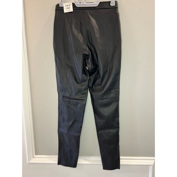 ZARA NWT High Rise Faux Leather Leggings Size S Black Ankle Zip Raw Hem Lined - Picture 5 of 7